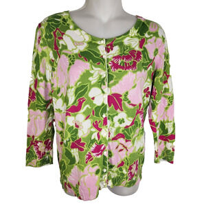 Talbots Petite Cardigan Medium Pink Green Floral 3/4 Sleeve Cotton Rayon Button